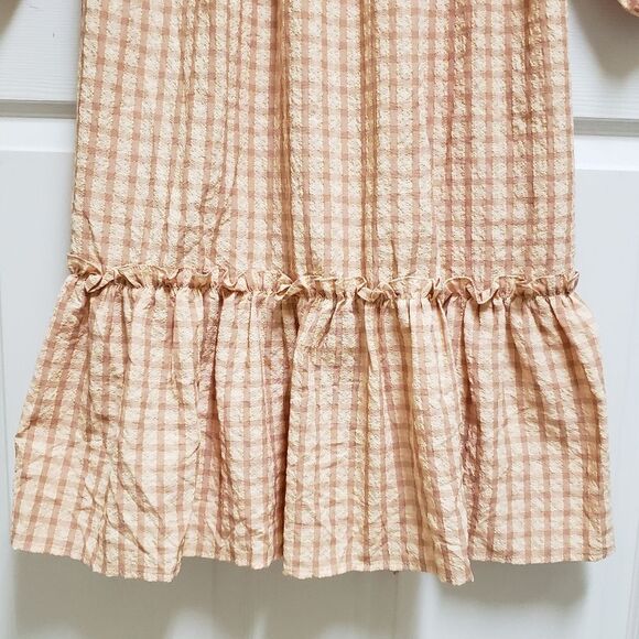 Petal & Pup Dress Womens Size 2 Peach Plaid Lace Up Puff Sleeve Cottage Prairie - Picture 8 of 11